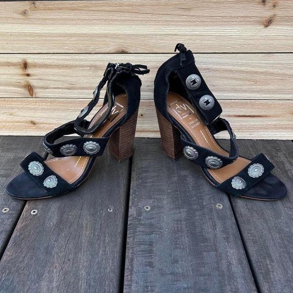 Black Dolce Vita Vanessa Mooney Montey Sandals Suede Ankle Strap Heels w/ Silver - Picture 5 of 7